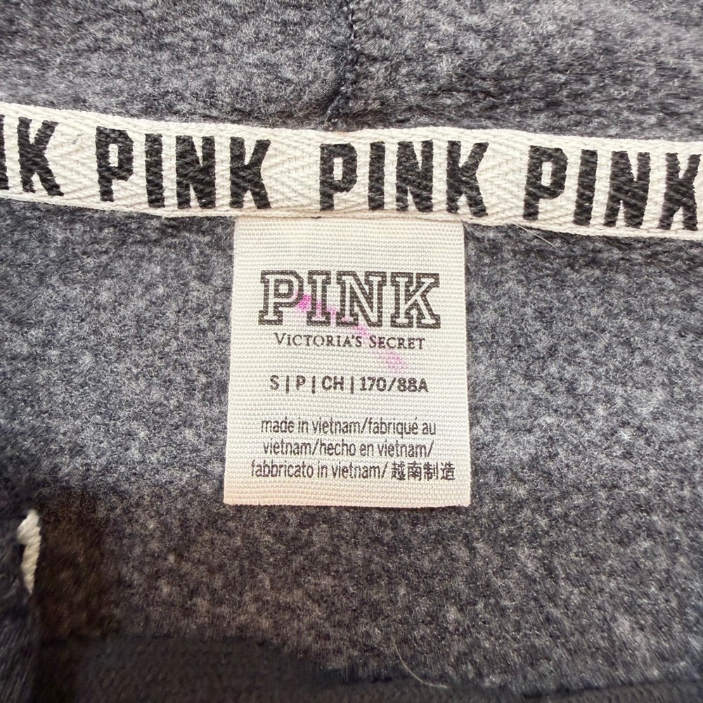Victoria's Secret PINK Lace Up Hoodie Small Gray Spell Out Sleeve Pullover - Picture 2 of 10